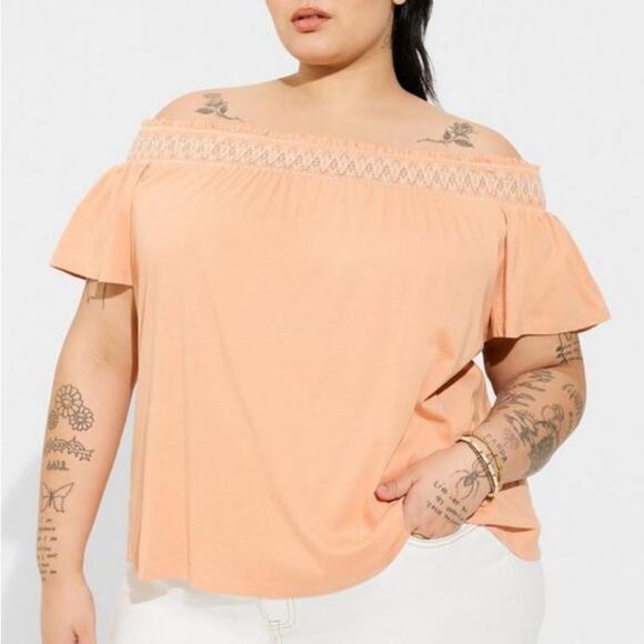 Torrid peach bloom Cotton Modal Jersey Off Shoulder Smocked Yoke Top - Picture 1 of 9